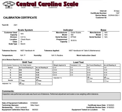 scale certificate of cal